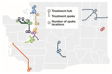 Map of hub and spoke treatment facilities in Washington