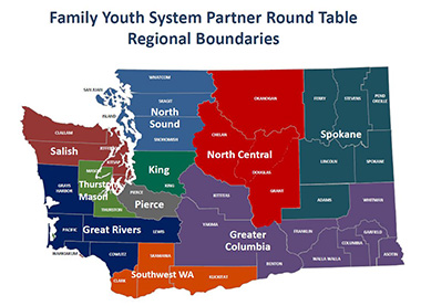 Map of the FYSPRT regional boundaries in a variety of colors