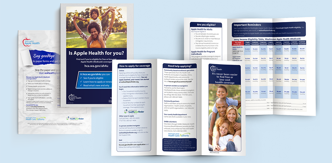 Layout of Apple Health outreach toolkit pages on a blue background