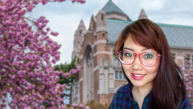 Lisa Nguyen in front of a University of Washington campus building