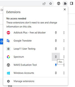 Chrome's extension manager expanded with Specturm "pin" option highlighted