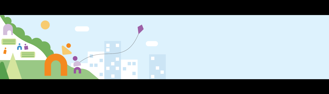 Illustration of a city park with an orange, geometric parent figure flying a kite with a purple, geometric child figure. The park background is on the left and a blue sky is on the right.