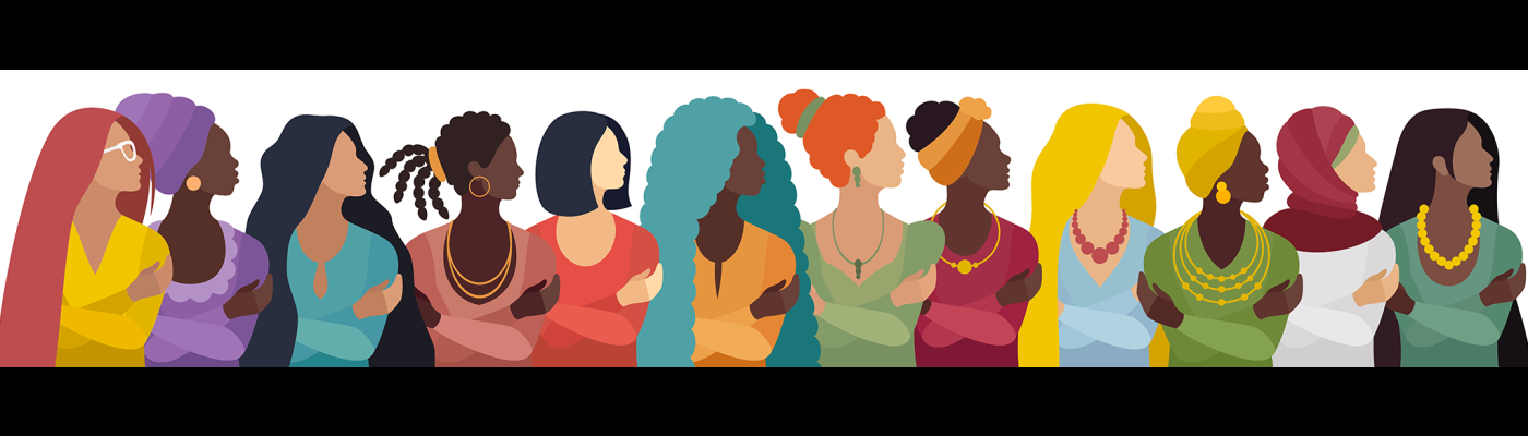 Illustration of a diverse group of women in colorful clothing all looking to the right.